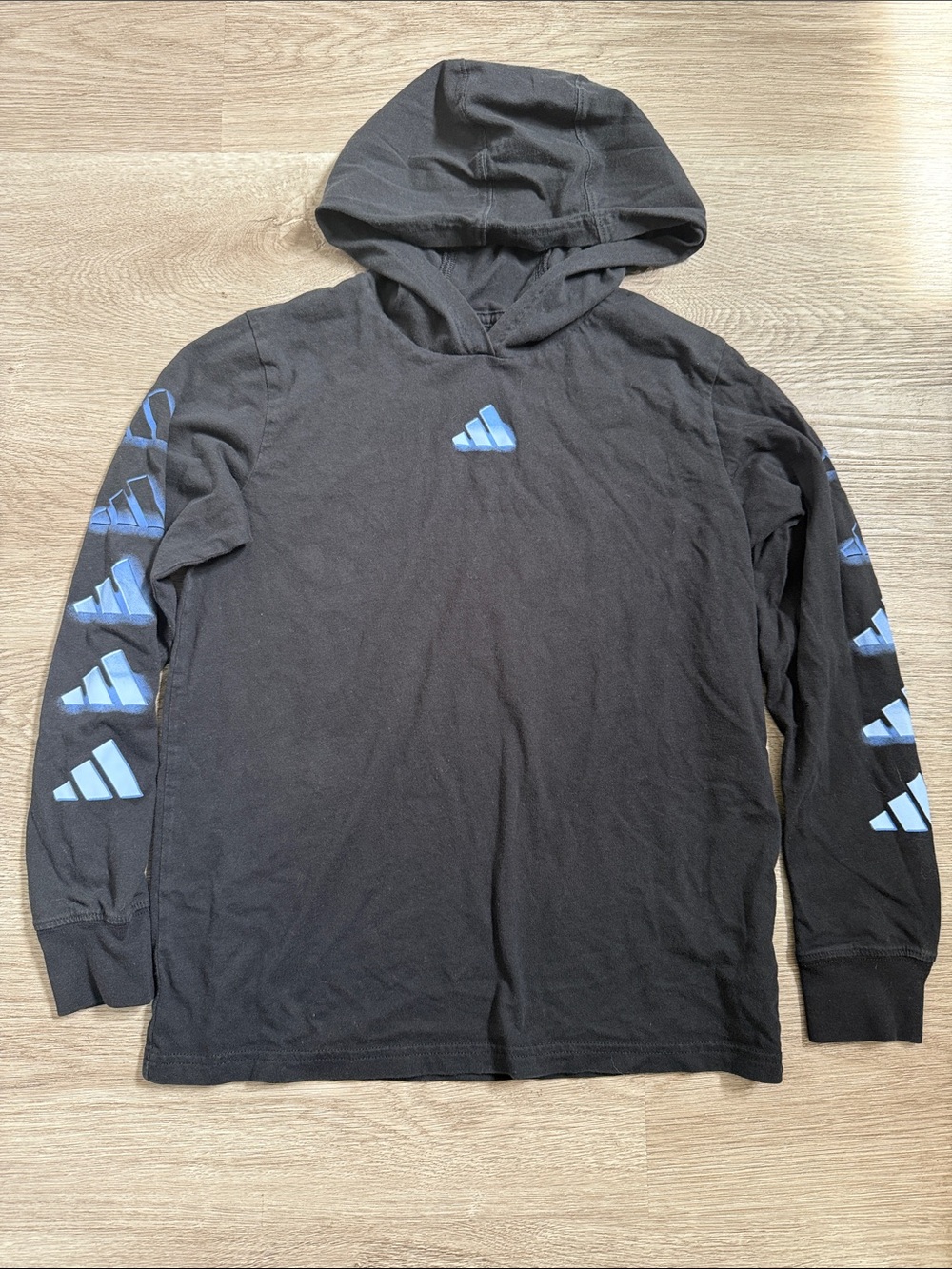 Adidas Black Long Sleeve Hood Light Blue Logo Accents Boys Medium 10/12